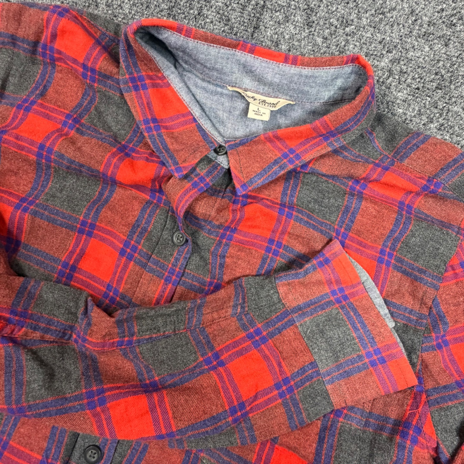 Vtg Lucky Brand Est.1990 Womens Large L Red Grey Plaid Flannel Button Down Shirt